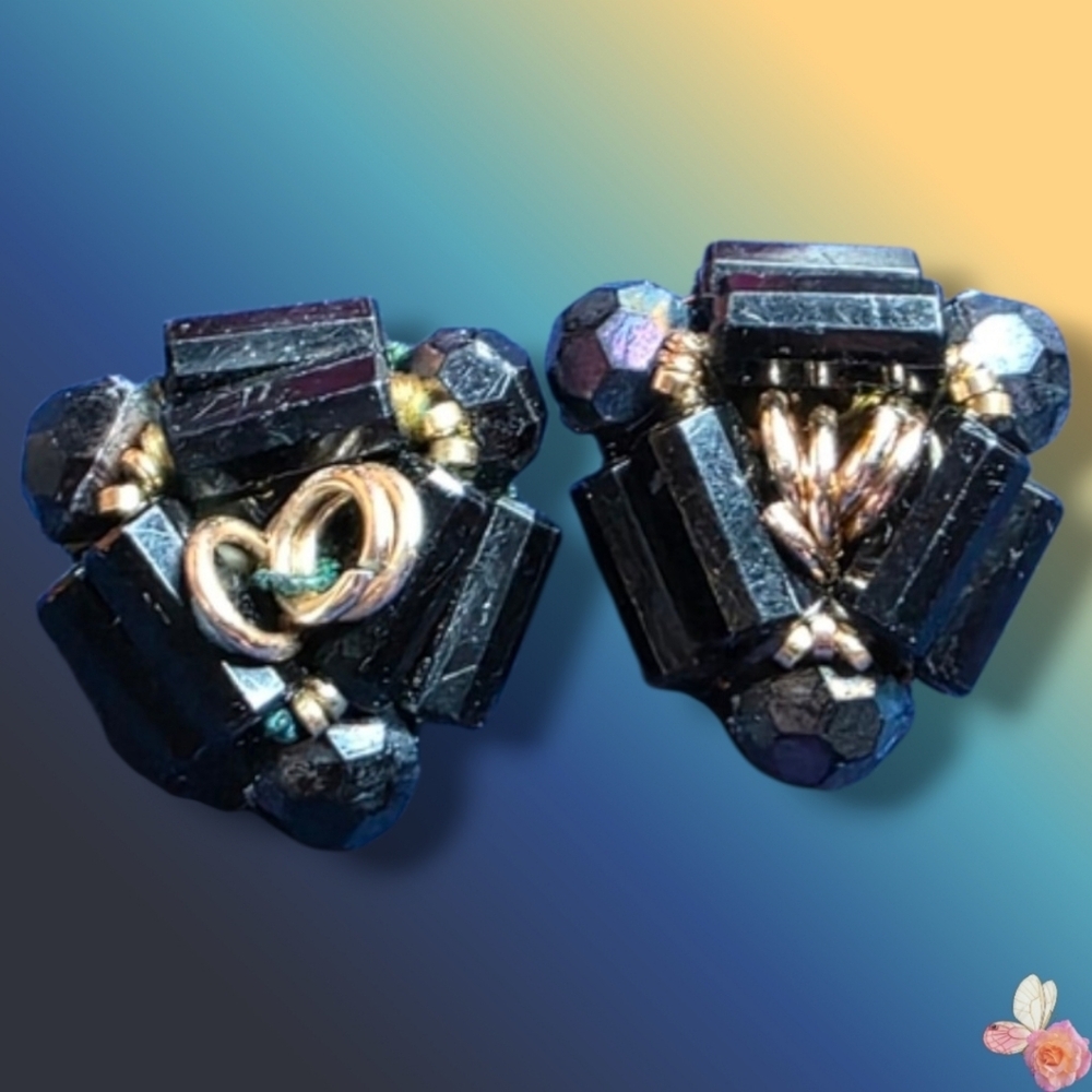 Vintage West Germany AB Crystal Black and Gold Clip On Earrings 711